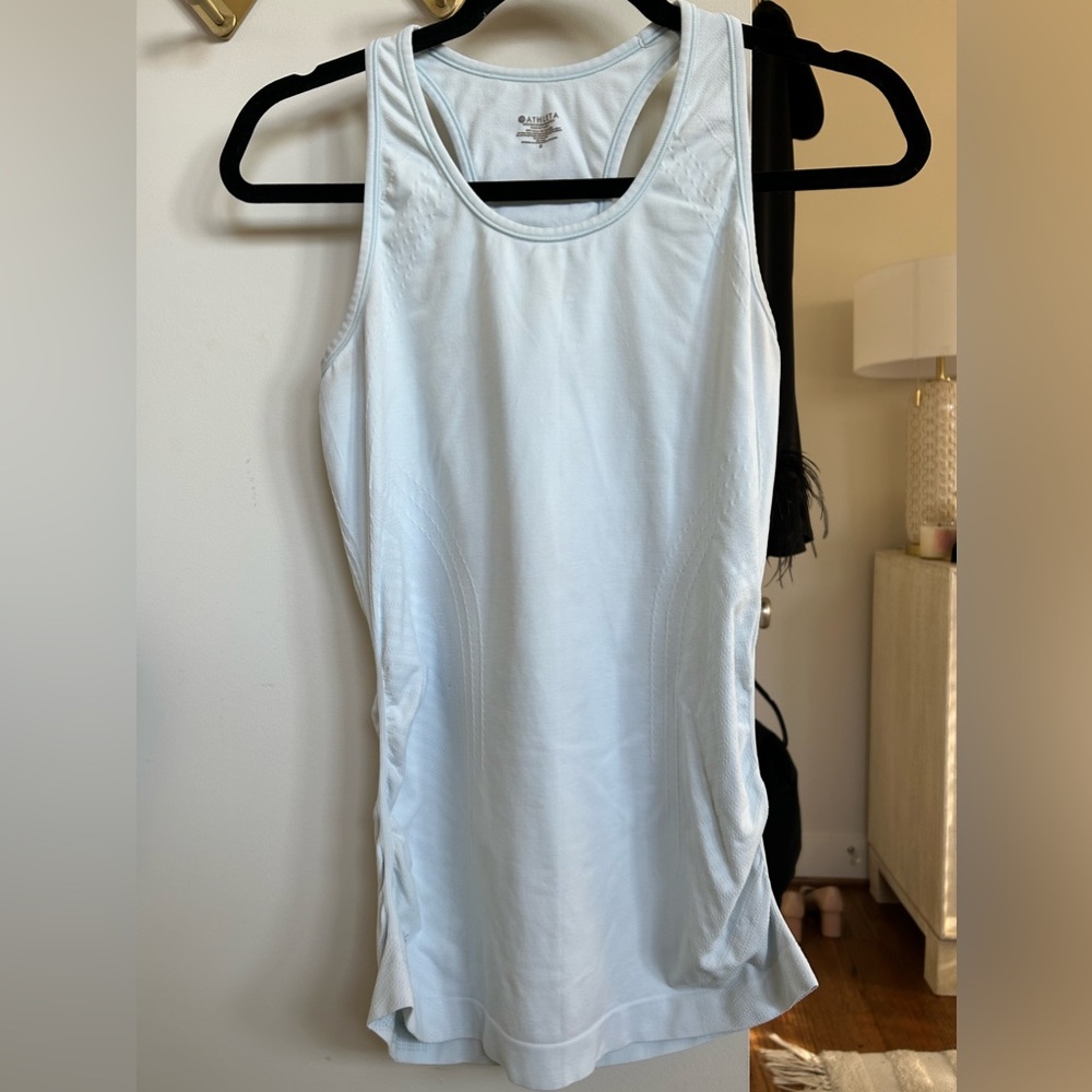 Athleta light blue workout tank with ruched sides size S